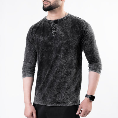 Acid Wash Black Henley