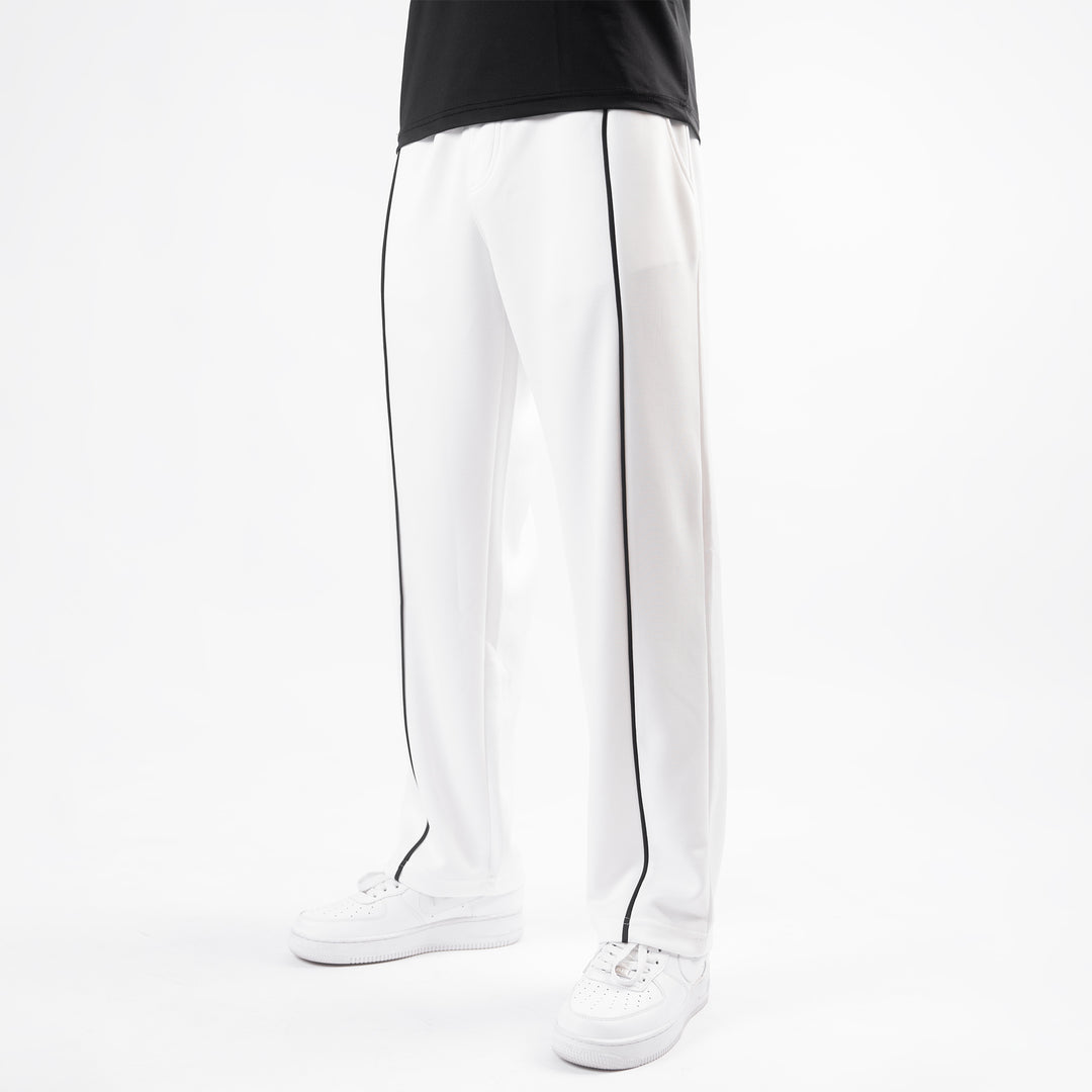 White Wide Leg Trouser with Front Black Piping
