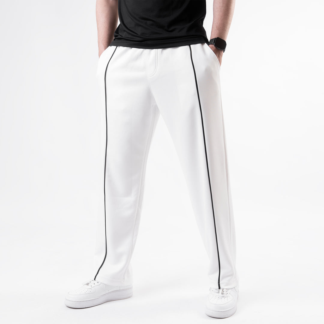 White Wide Leg Trouser with Front Black Piping