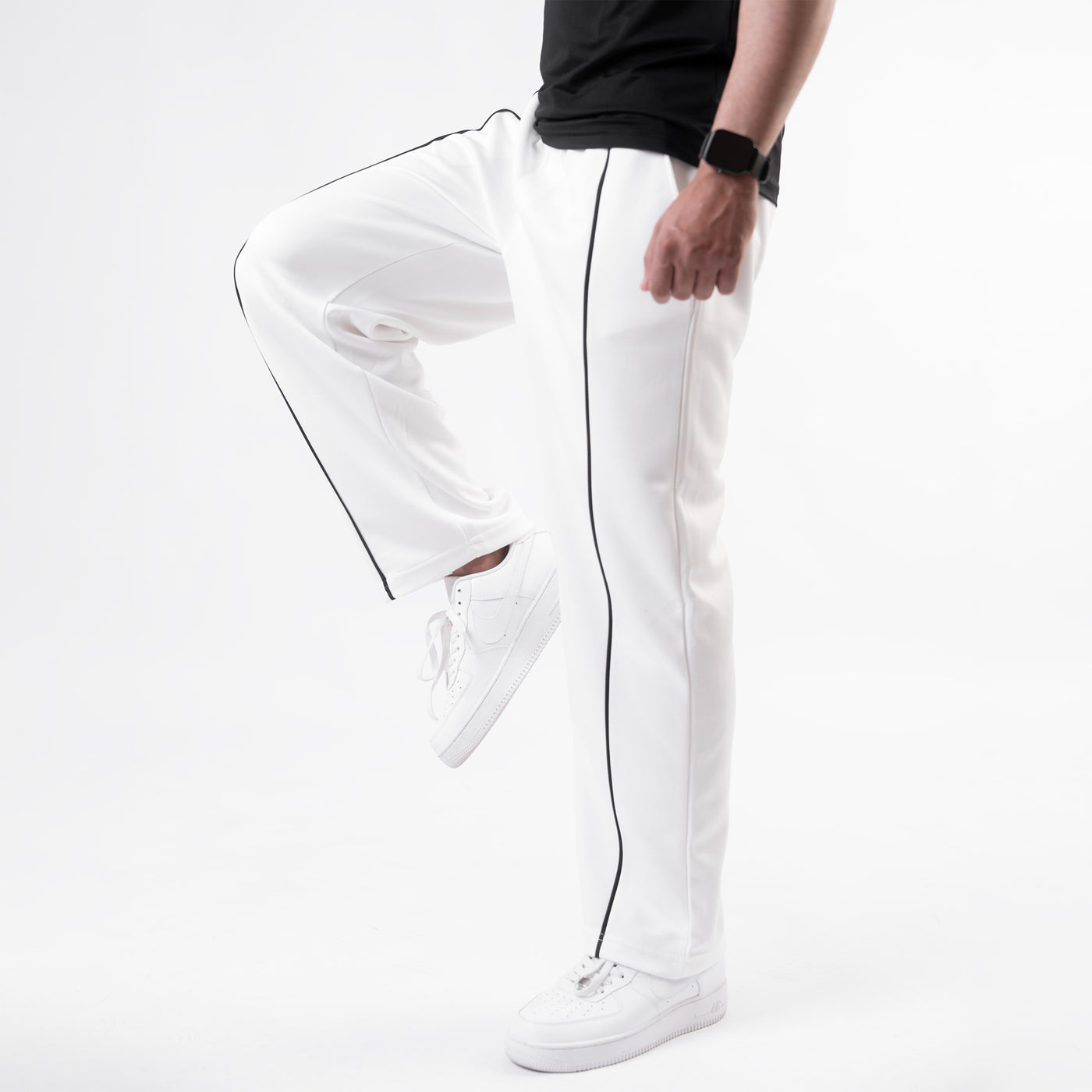 White Wide Leg Trouser with Front Black Piping