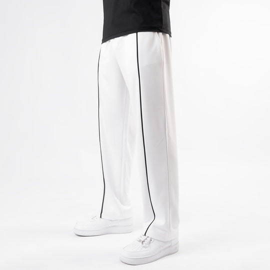White Wide Leg Trouser with Front Black Piping