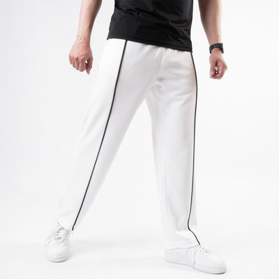 White Wide Leg Trouser with Front Black Piping