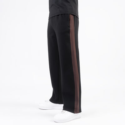 Black Cotton Interlock Wide-Leg Trouser with Brown Panel