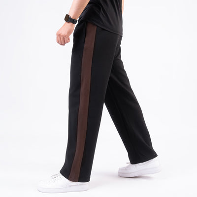 Black Cotton Interlock Wide-Leg Trouser with Brown Panel