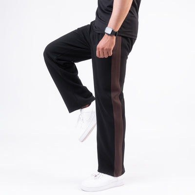 Black Cotton Interlock Wide-Leg Trouser with Brown Panel