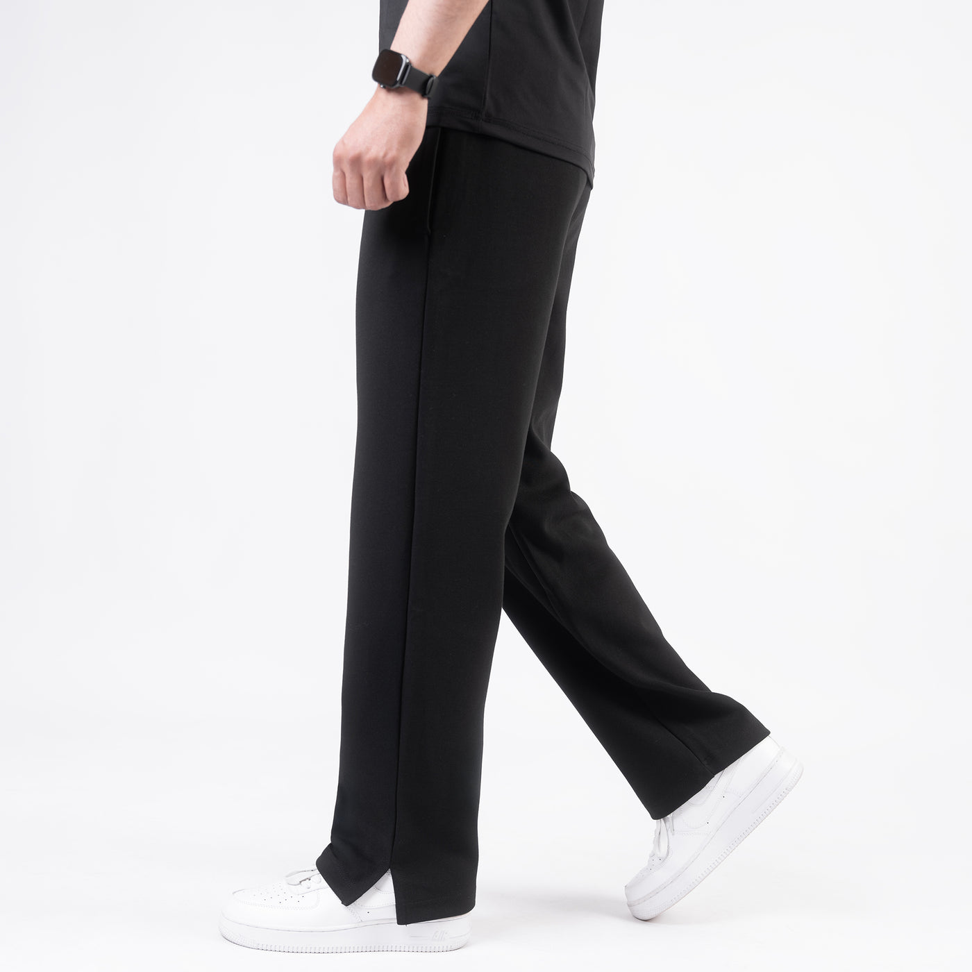 Plain Black Cotton Interlock Wide-Leg Trouser with Slit