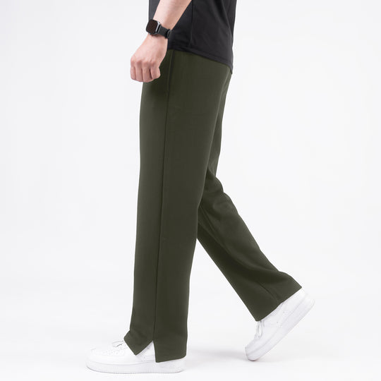 Plain Olive Wide-Leg Trouser with Slit