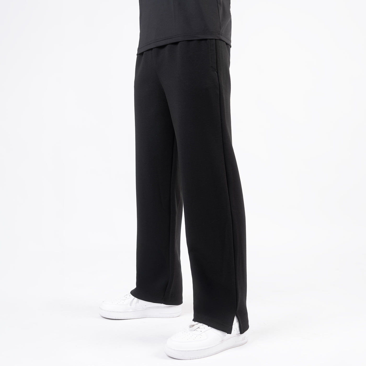 Plain Black Cotton Interlock Wide-Leg Trouser with Slit