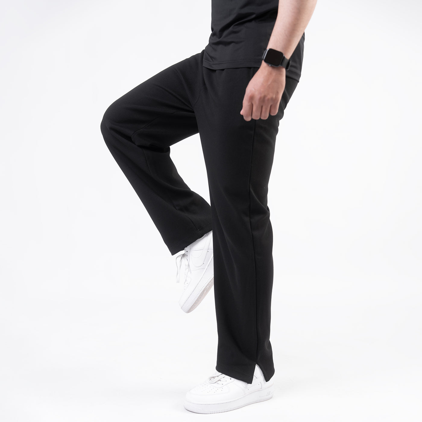 Plain Black Cotton Interlock Wide-Leg Trouser with Slit