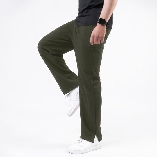 Plain Olive Wide-Leg Trouser with Slit