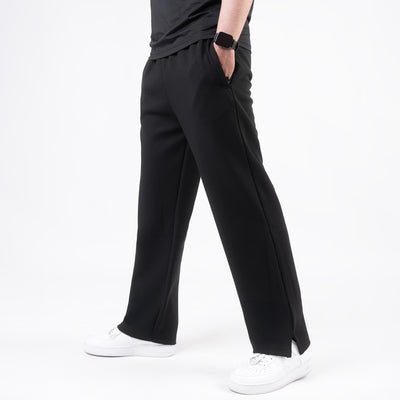 Plain Black Cotton Interlock Wide-Leg Trouser with Slit