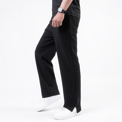 Plain Black Cotton Interlock Wide-Leg Trouser with Slit