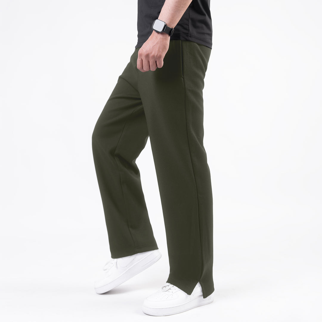 Plain Olive Wide-Leg Trouser with Slit
