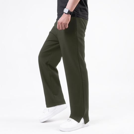 Plain Olive Wide-Leg Trouser with Slit
