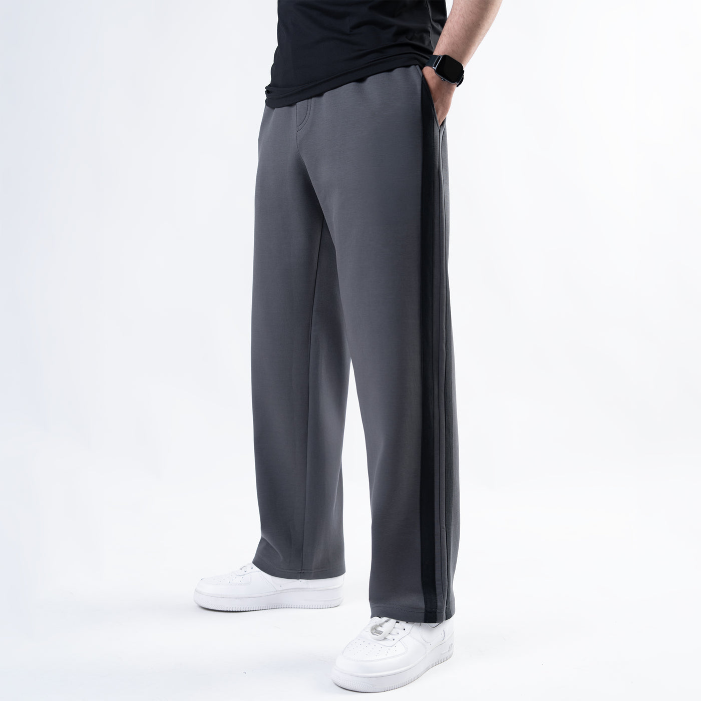 Smoke Gray Wide-Leg Trouser with Black Stripes