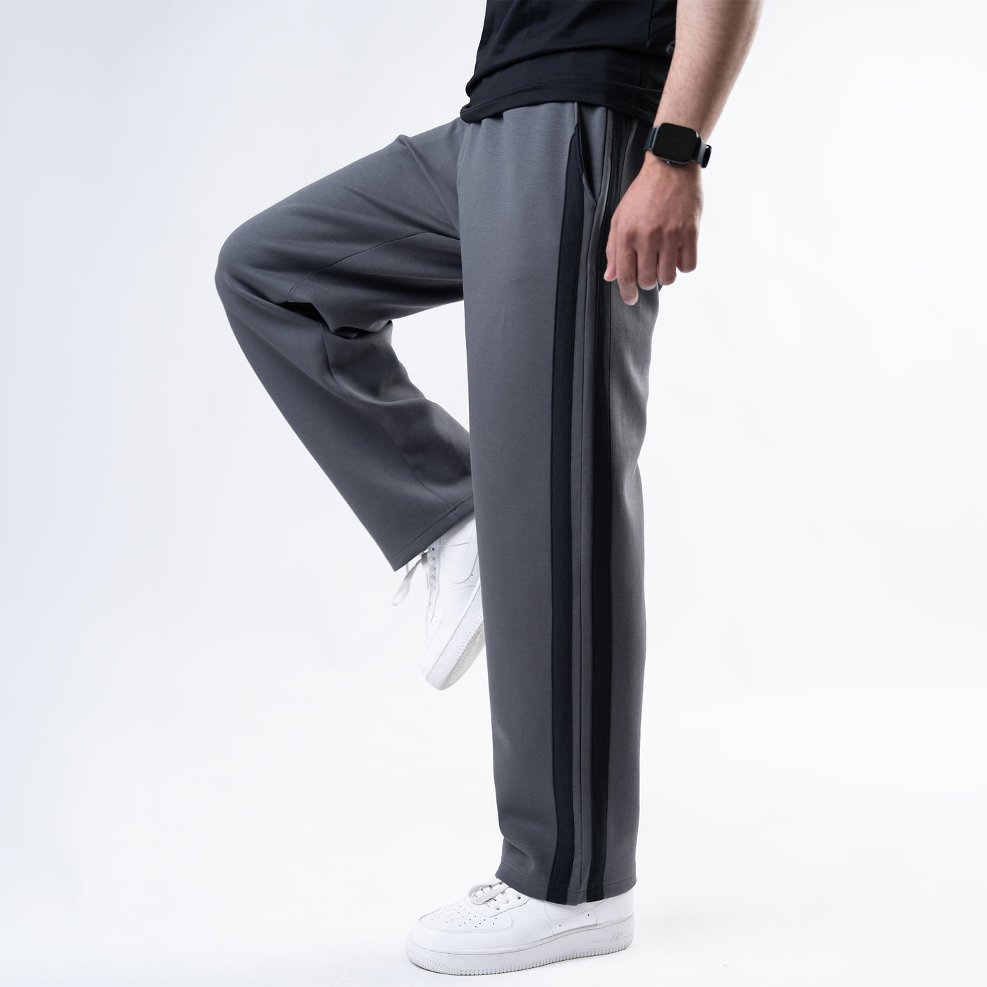 Smoke Gray Wide-Leg Trouser with Black Stripes