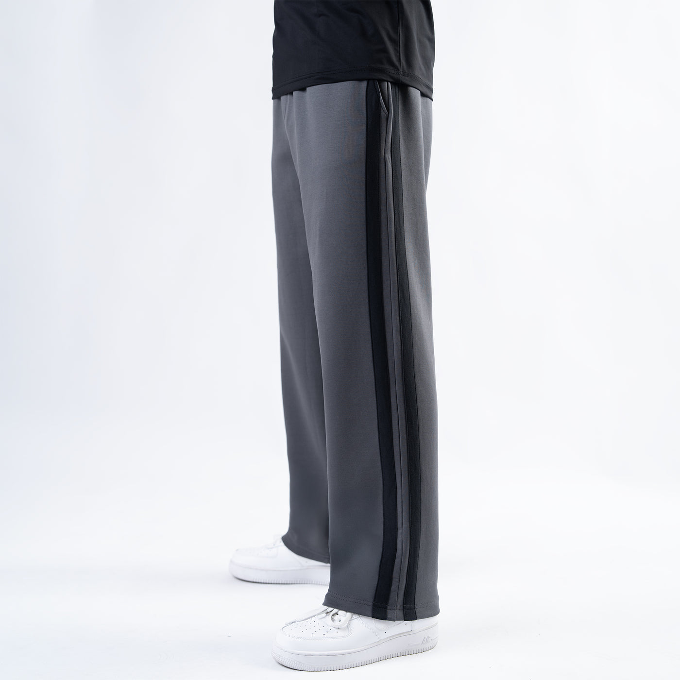 Smoke Gray Wide-Leg Trouser with Black Stripes