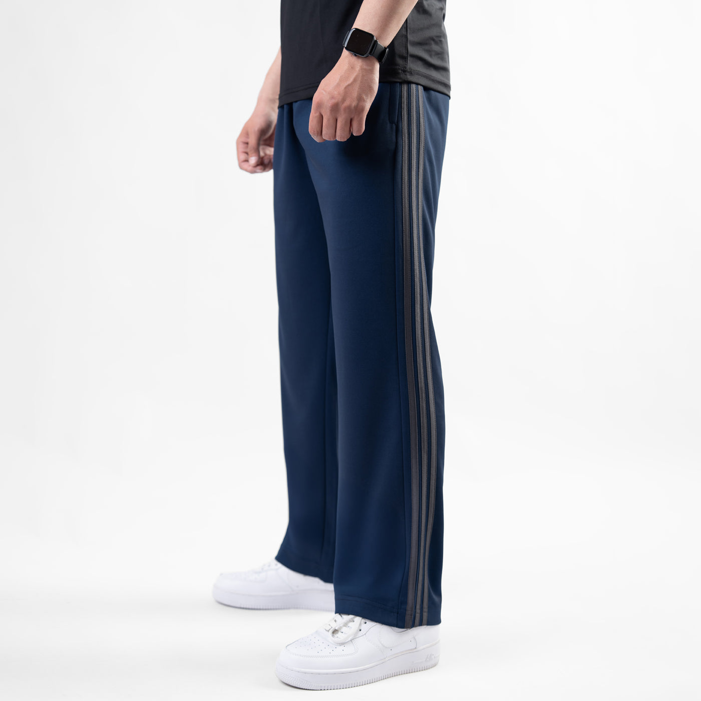 Navy Wide Leg Trouser with Three Gray Stripes