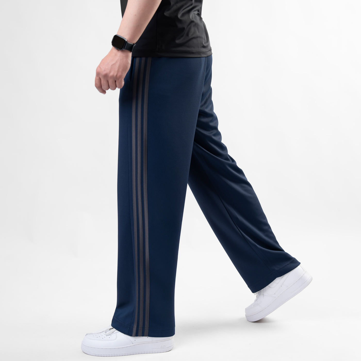 Navy Wide Leg Trouser with Three Gray Stripes