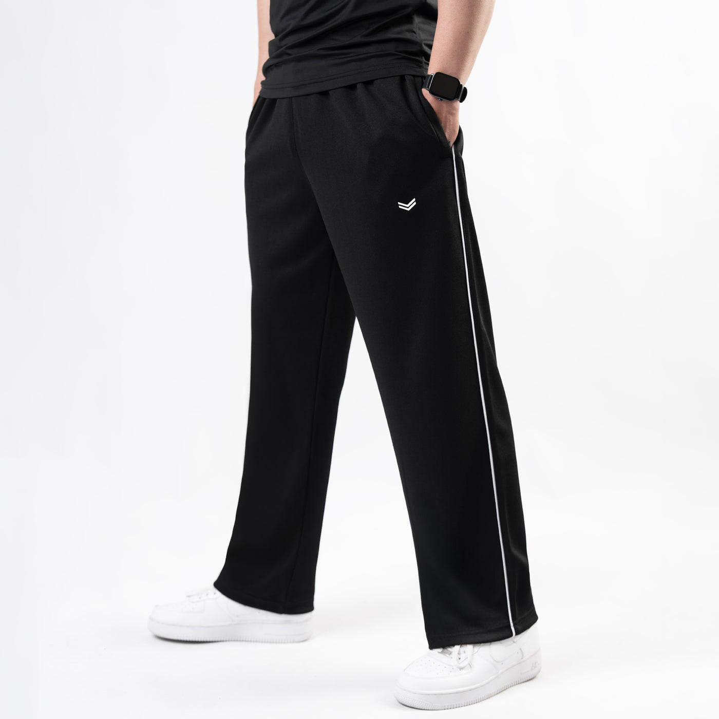 Black Wide Leg Trouser with Side White Piping