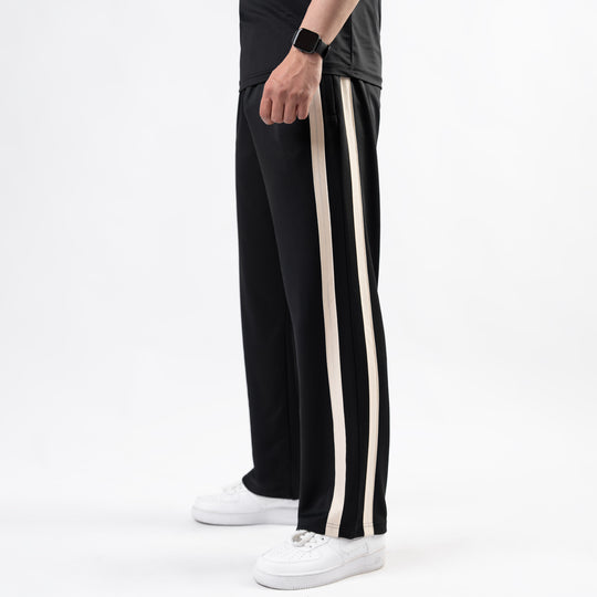 Black Wide Leg Trouser with Bold Beige Stripes