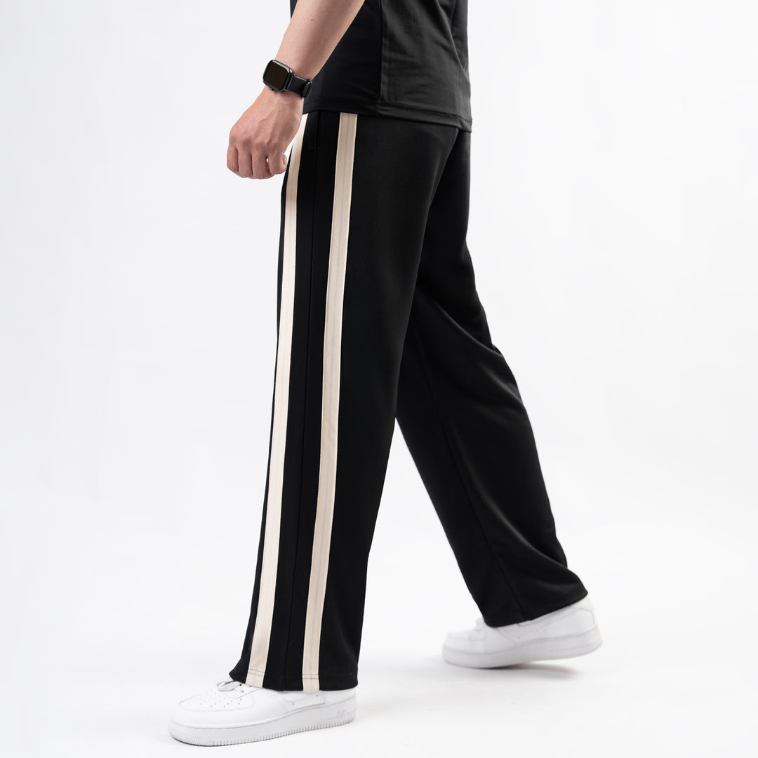 Black Wide Leg Trouser with Bold Beige Stripes