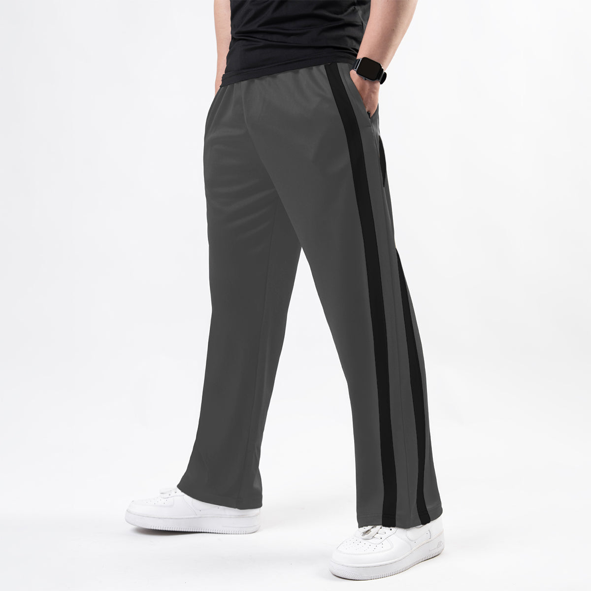 Gray Wide Leg Trouser with Bold Black Stripes