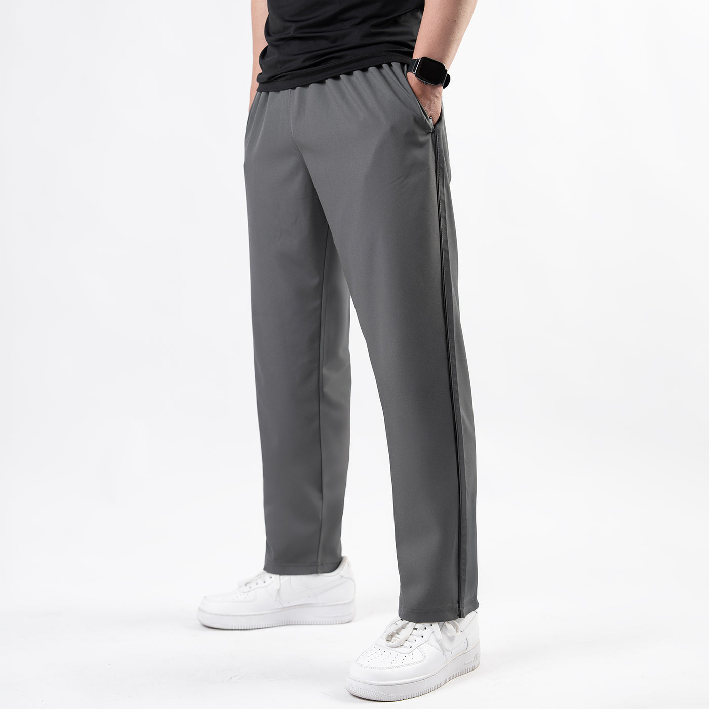 Gray Micro Relaxed Fit Trousers with Black Piping