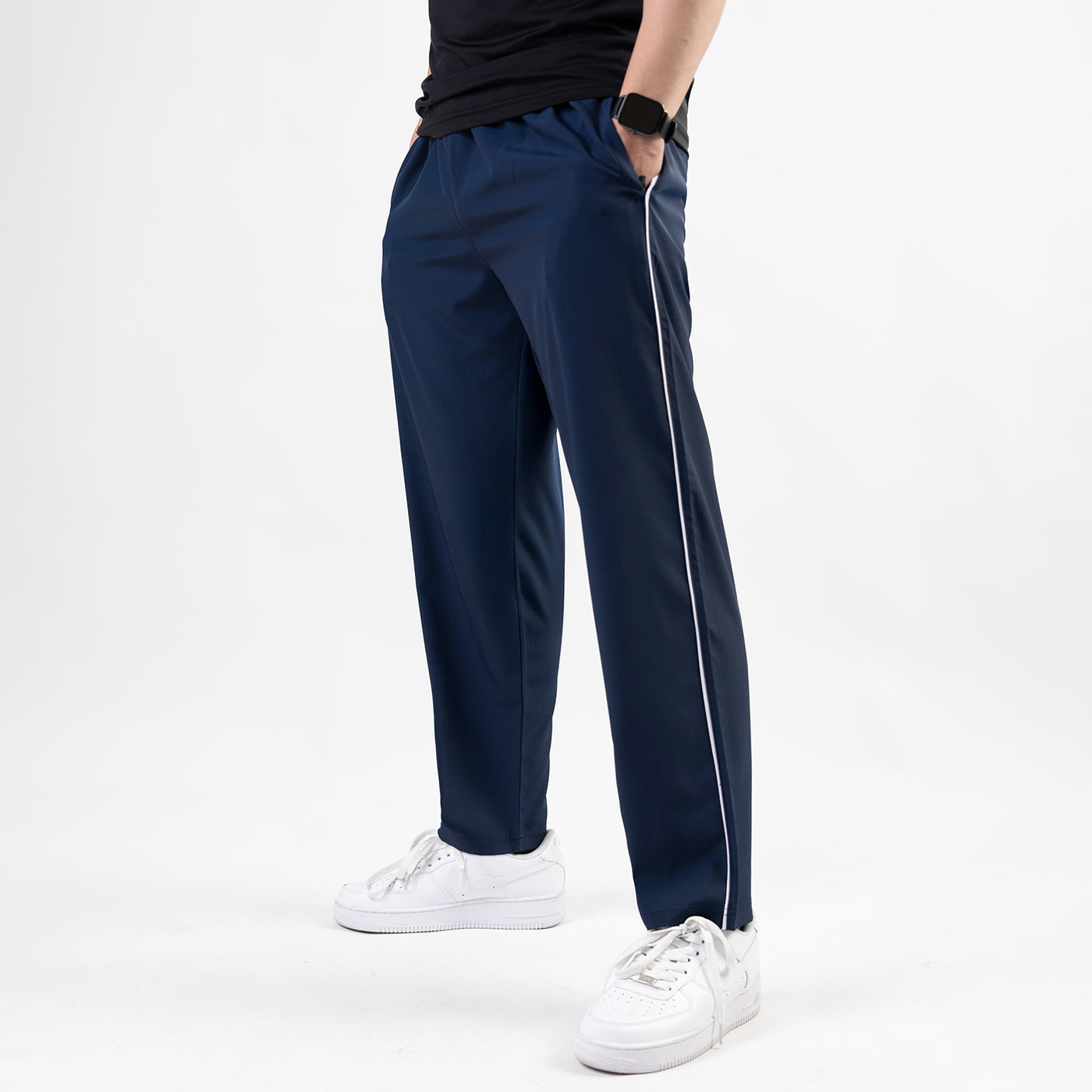 Navy Micro Relaxed Fit Trousers with White Piping