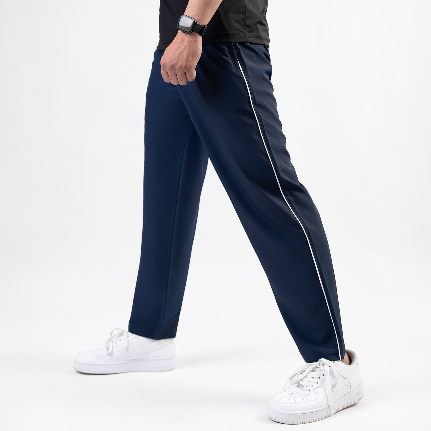 Navy Micro Relaxed Fit Trousers with White Piping