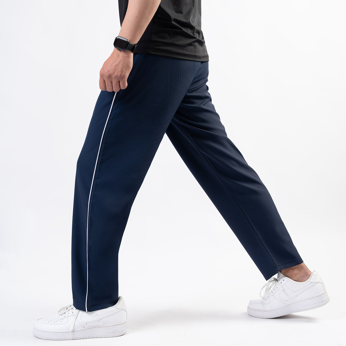 Navy Micro Relaxed Fit Trousers with White Piping