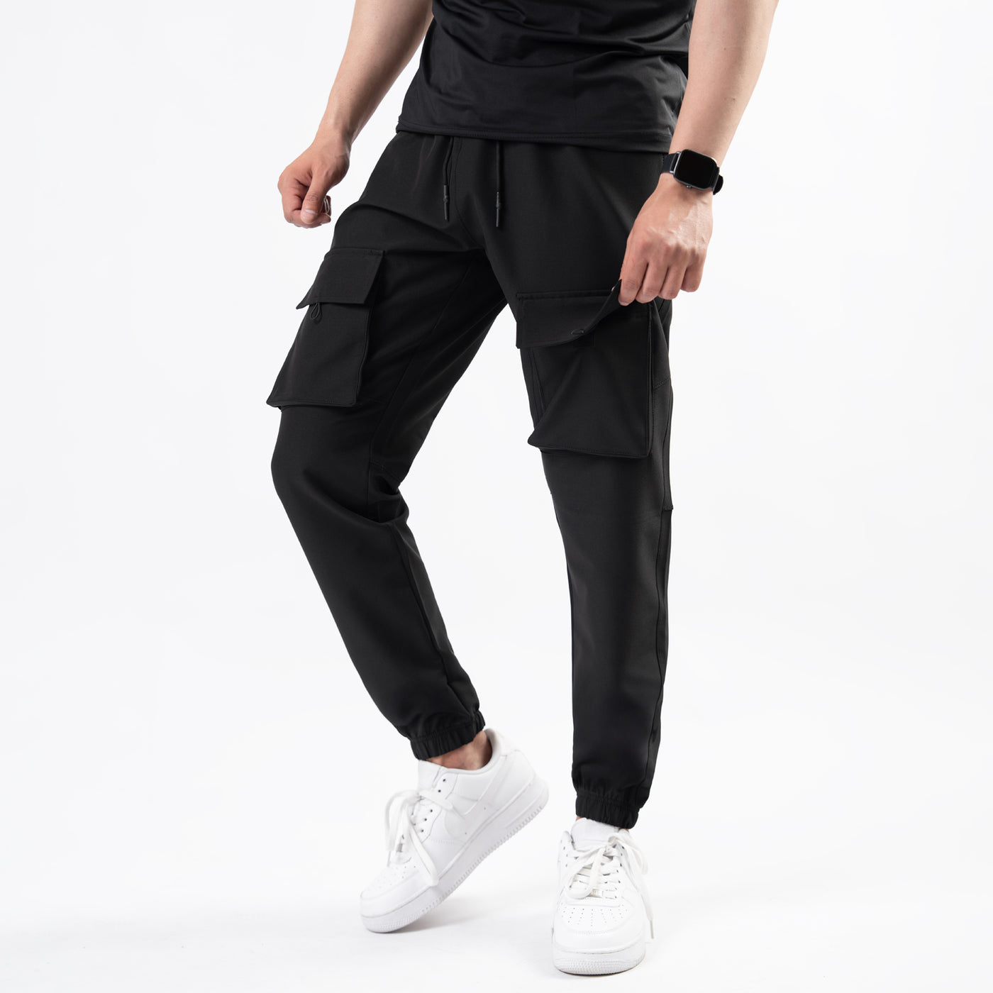 Black Lycra Terry Front Pocket Cargo Jogger Pants