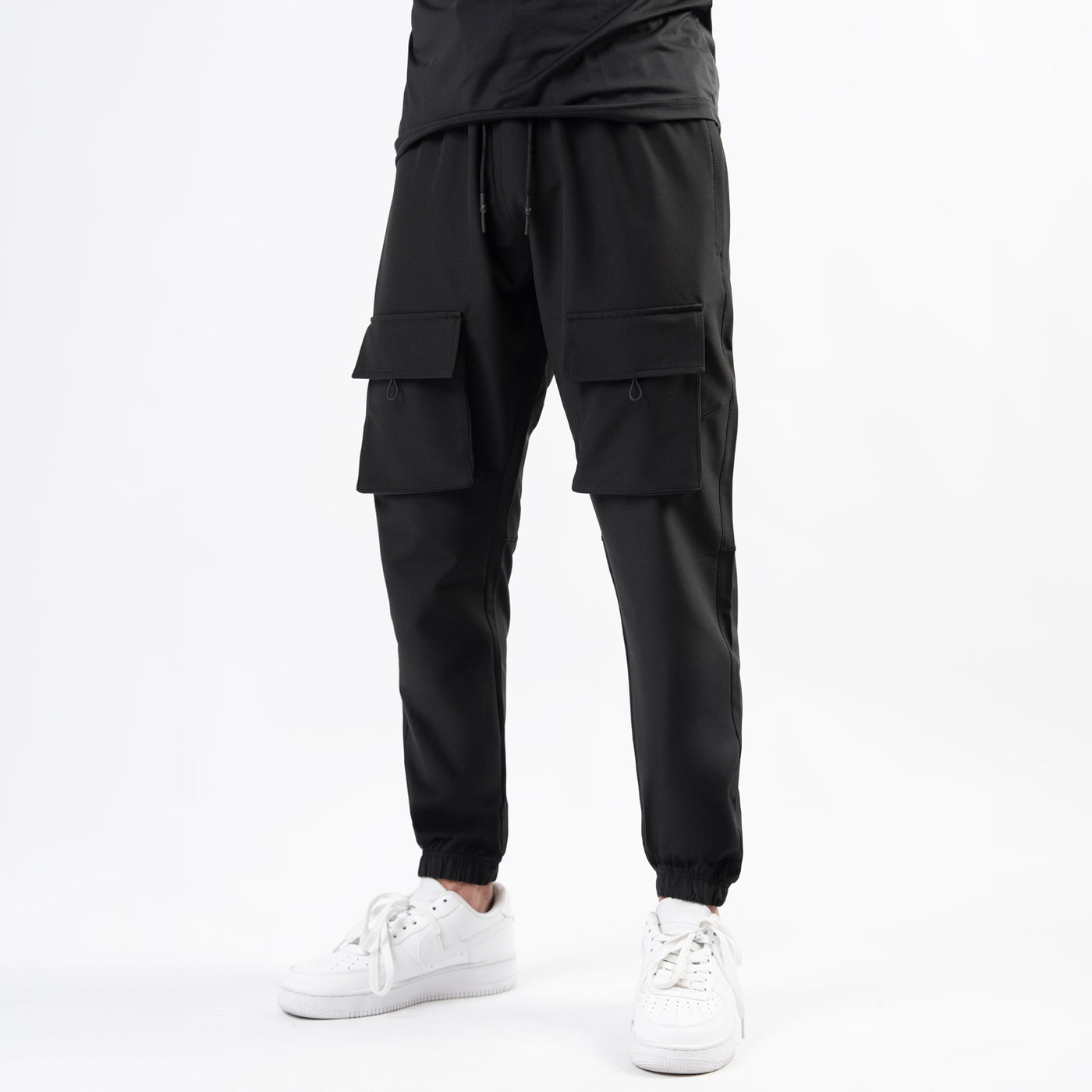 Black Lycra Terry Front Pocket Cargo Jogger Pants