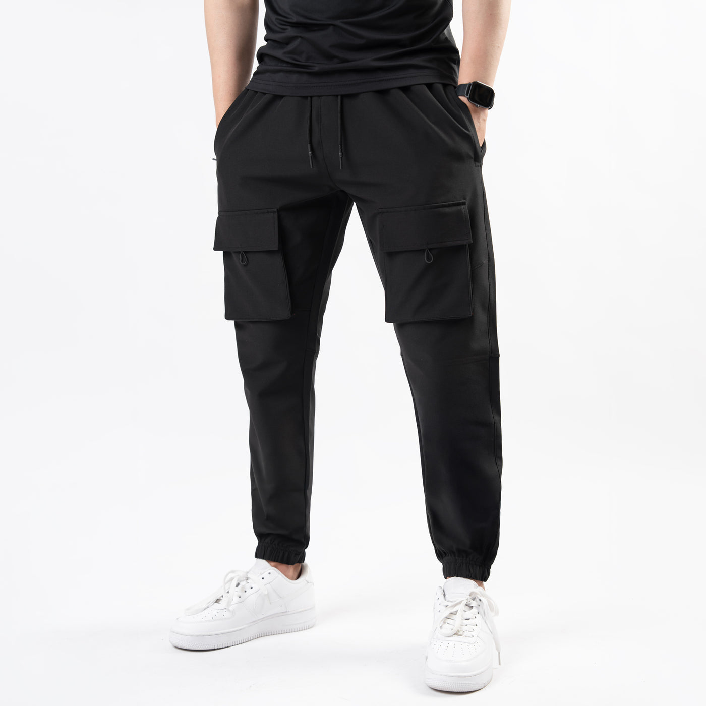 Black Lycra Terry Front Pocket Cargo Jogger Pants