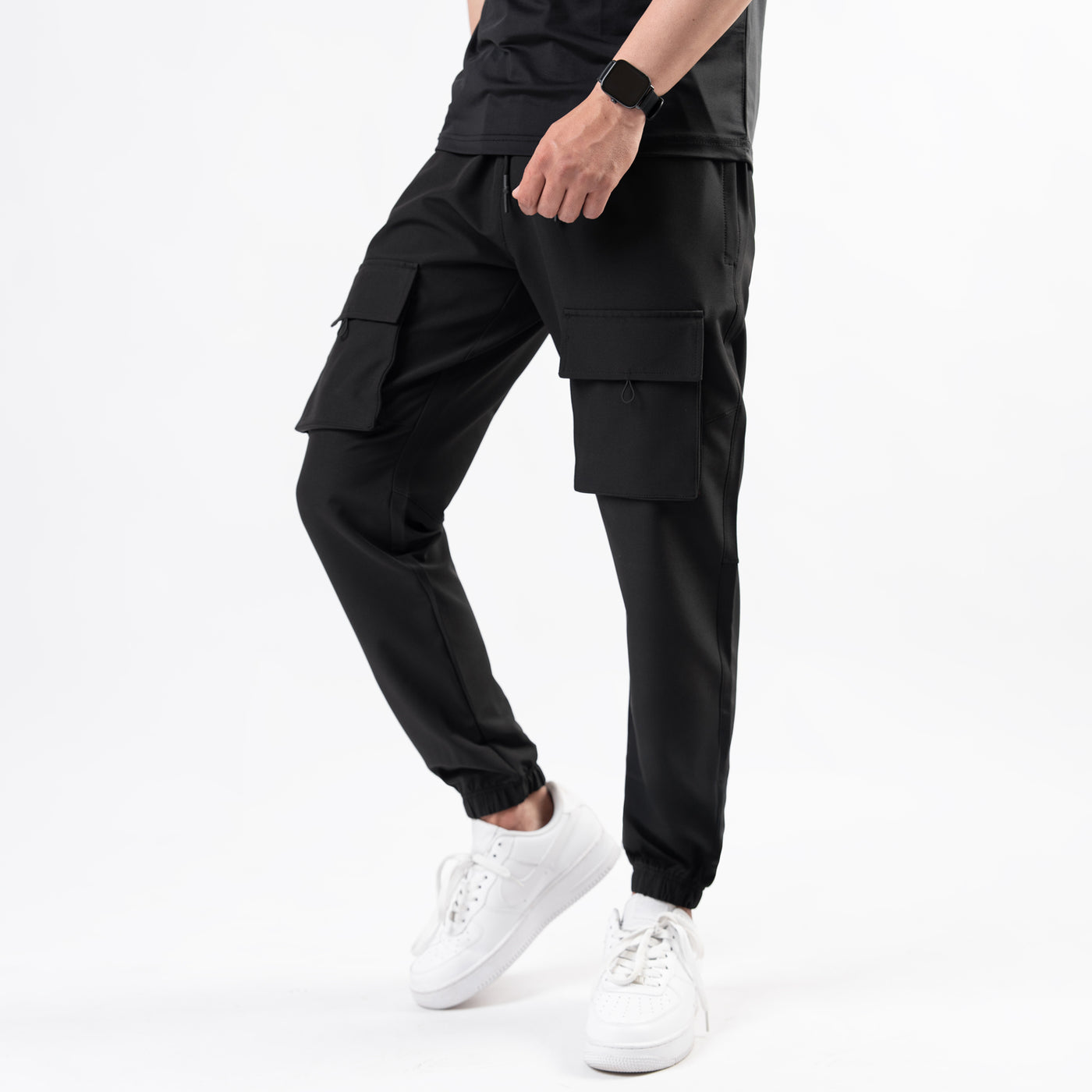 Black Lycra Terry Front Pocket Cargo Jogger Pants