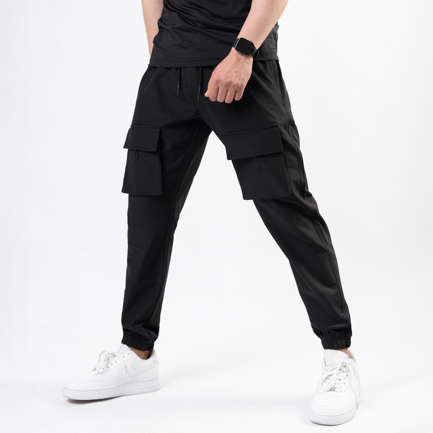 Black Lycra Terry Front Pocket Cargo Jogger Pants