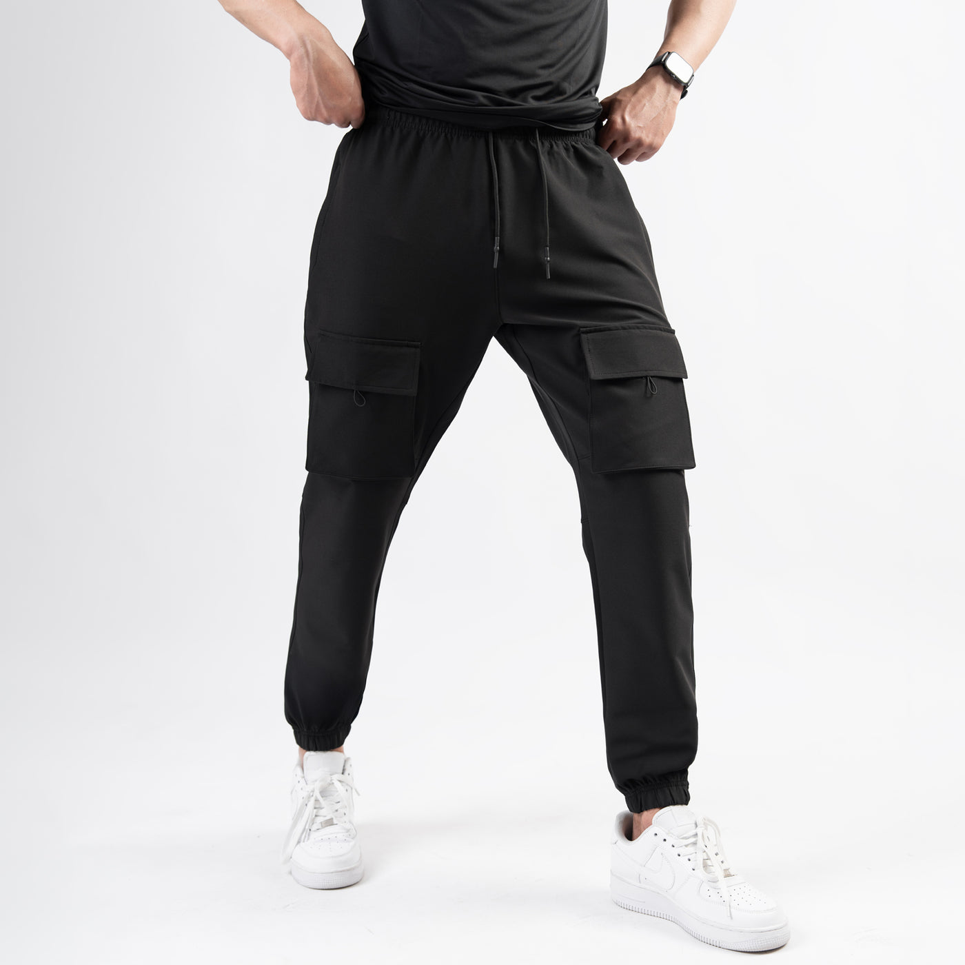 Black Lycra Terry Front Pocket Cargo Jogger Pants