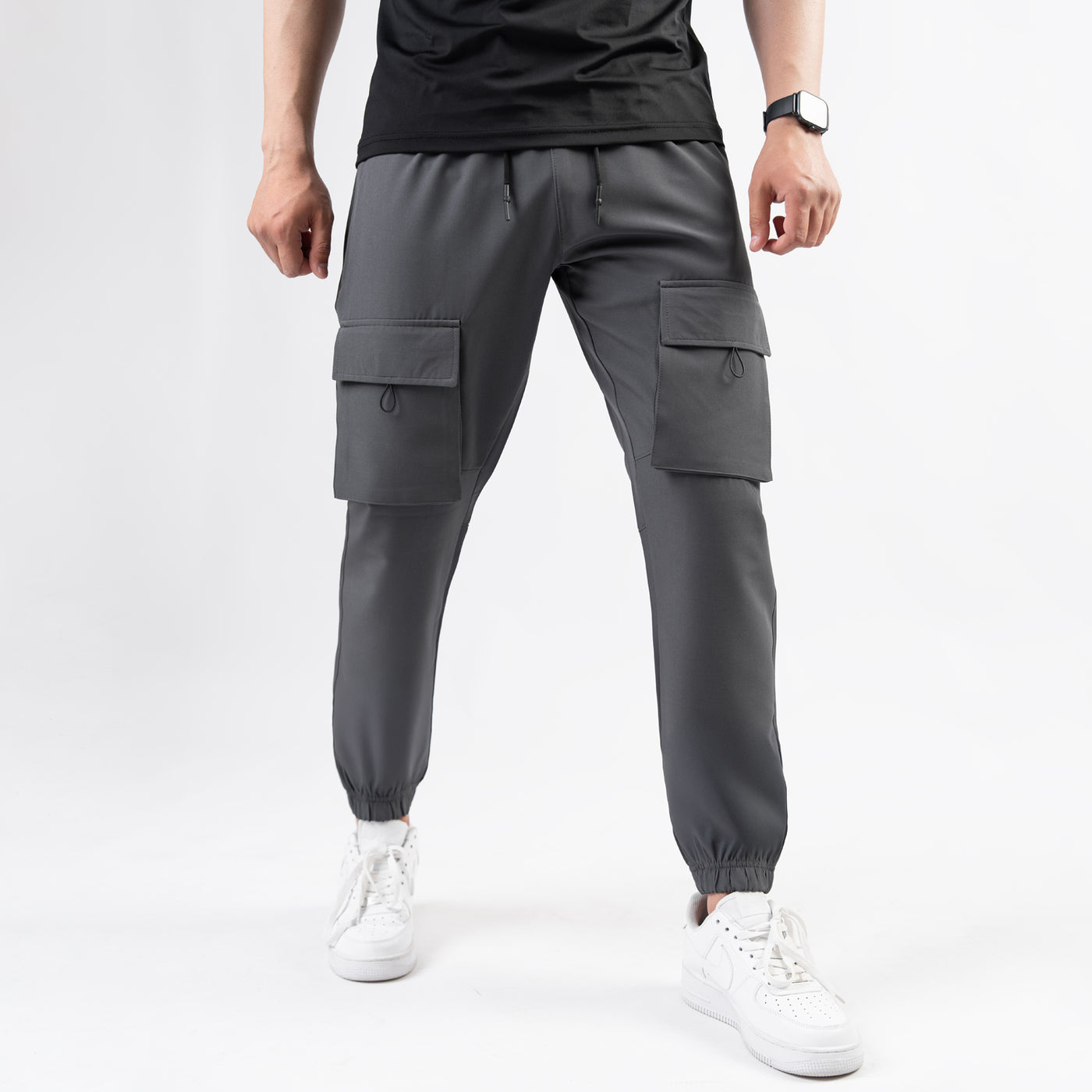 Gray Lycra Terry Front Pocket Cargo Jogger Pants