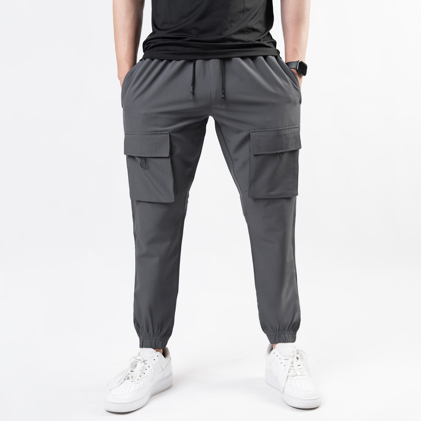 Gray Lycra Terry Front Pocket Cargo Jogger Pants