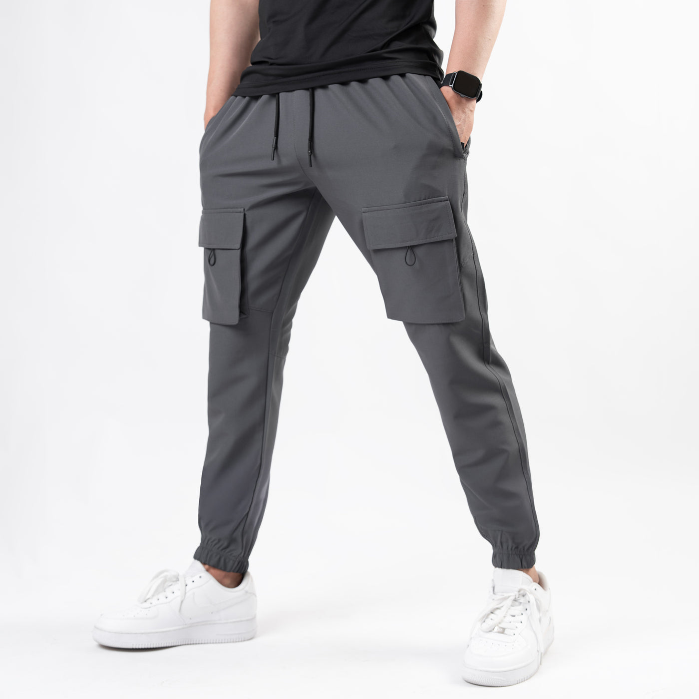 Gray Lycra Terry Front Pocket Cargo Jogger Pants