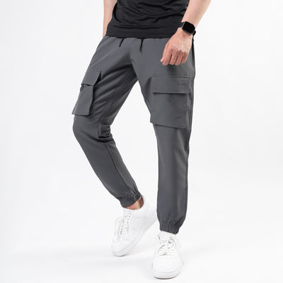 Gray Lycra Terry Front Pocket Cargo Jogger Pants