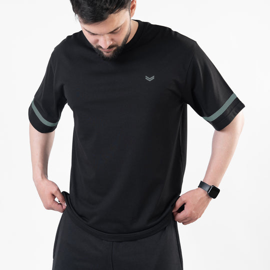Black Oversize T-Shirt with Turquoise Stripes
