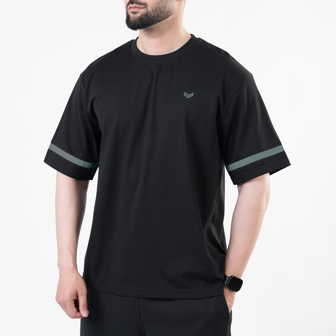 Black Oversize T-Shirt with Turquoise Stripes