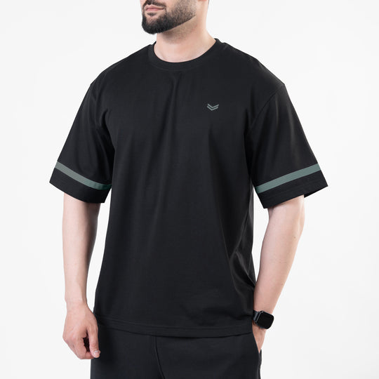 Black Oversize T-Shirt with Turquoise Stripes