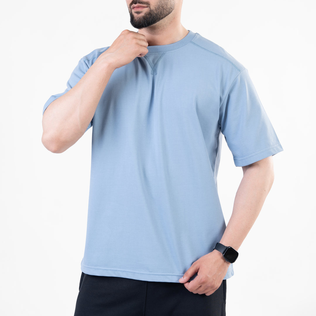 Sky Blue Oversize T-Shirt with V-Notch in Contrast Detailing