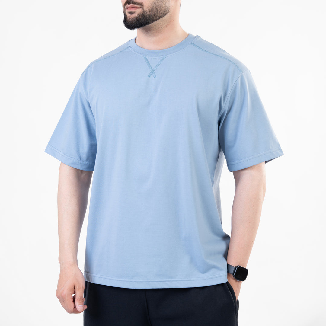 Sky Blue Oversize T-Shirt with V-Notch in Contrast Detailing