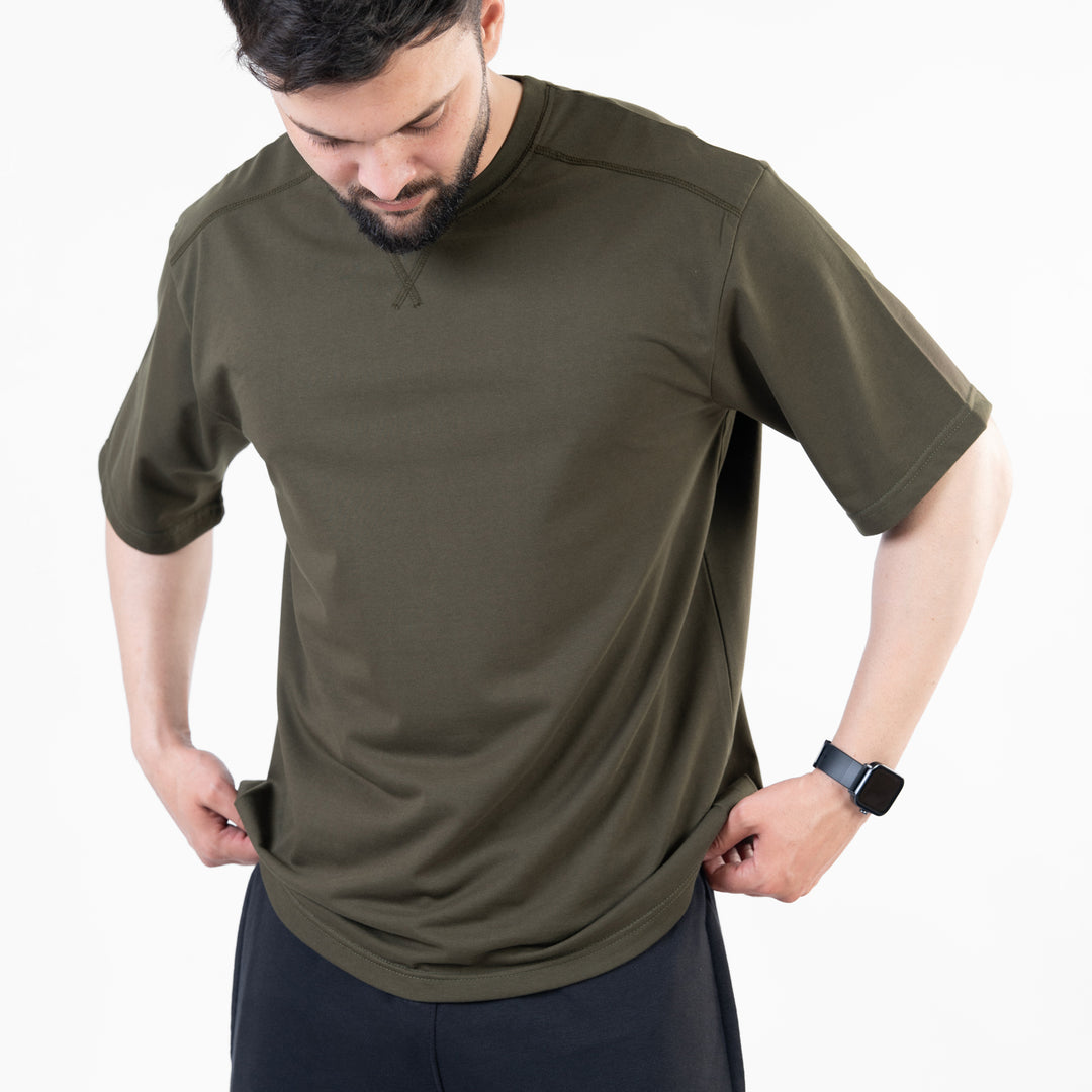 Olive Oversize T-Shirt with V-Notch in Contrast Detailing