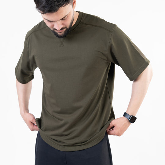 Olive Oversize T-Shirt with V-Notch in Contrast Detailing