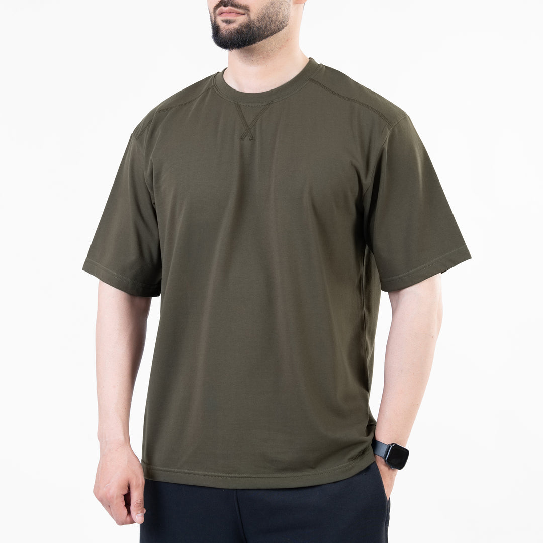 Olive Oversize T-Shirt with V-Notch in Contrast Detailing