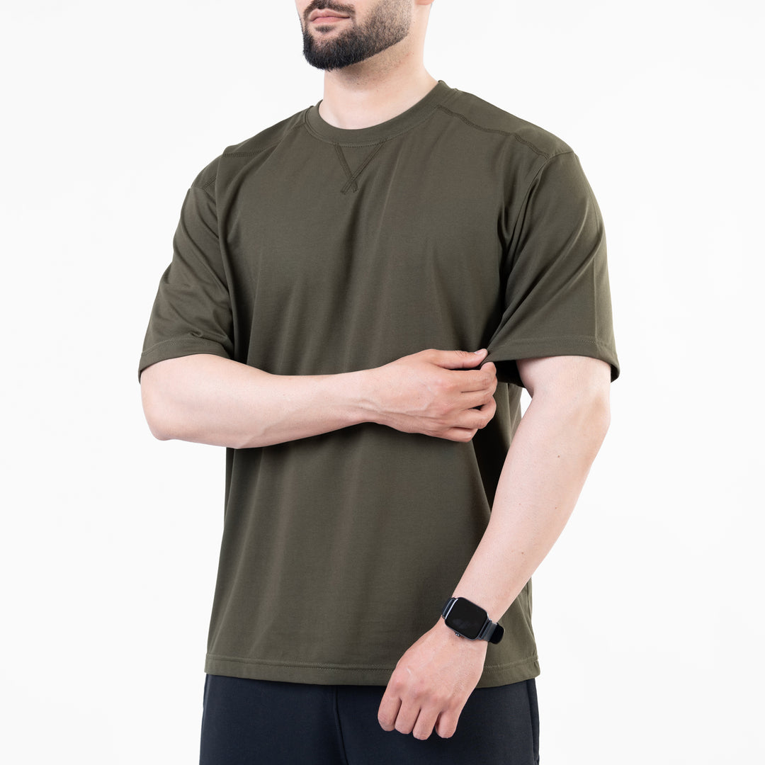 Olive Oversize T-Shirt with V-Notch in Contrast Detailing